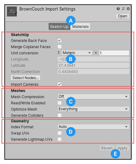 〜Unity Graphics Model SketchUp インポート設定ウィンドウ〜