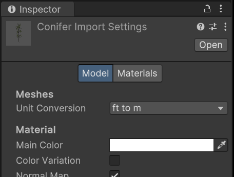 〜Unity Graphics Model SpeedTree インポート設定ウィンドウ〜